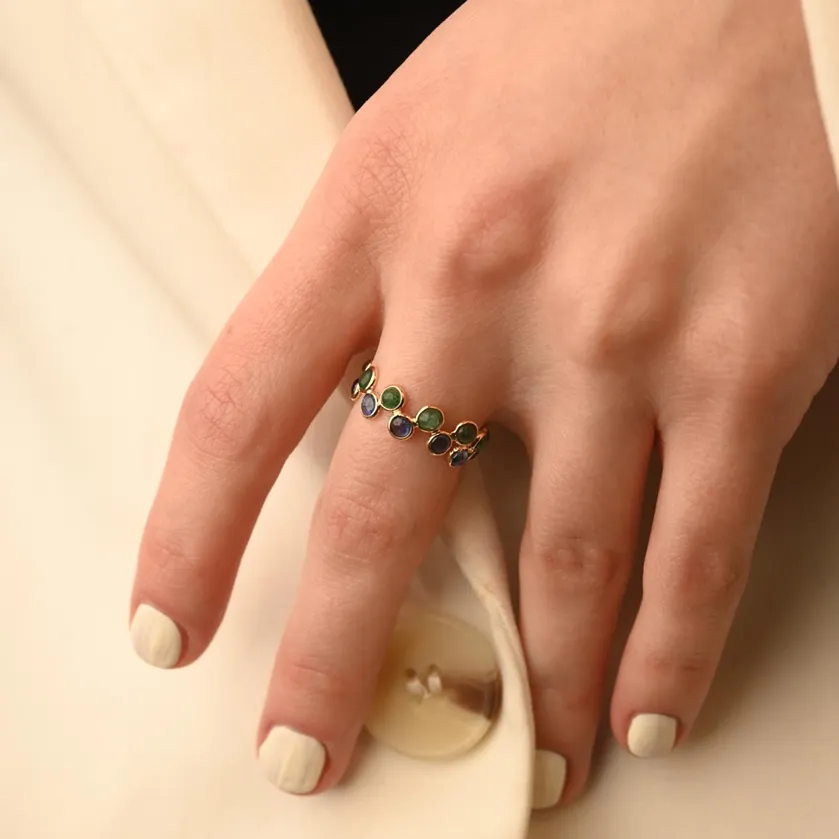 18K Gold Emerald Sapphire Eternity Band