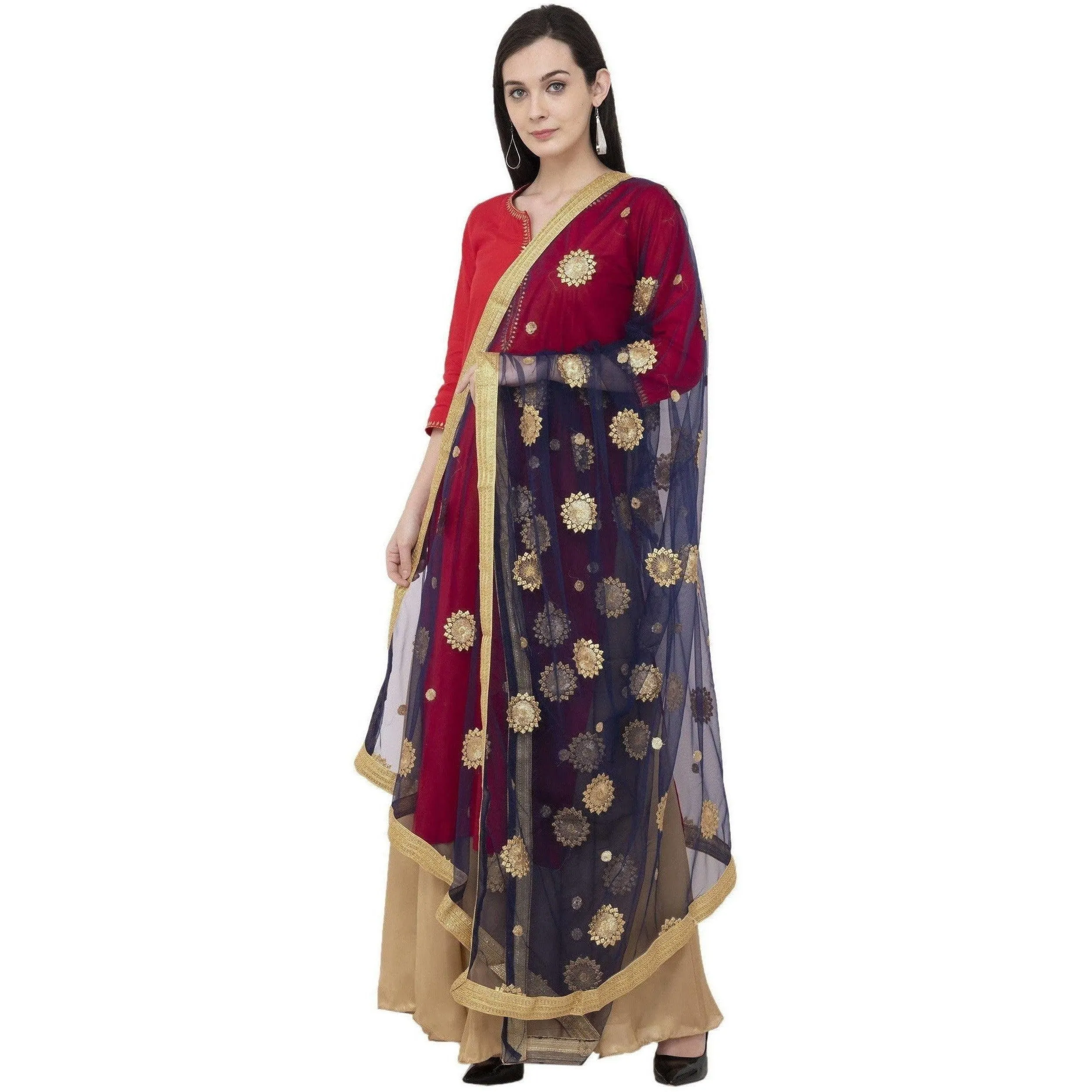 A R Silk Net Zari Flower Fancy Dupatta Color Navy Dupatta or Chunni