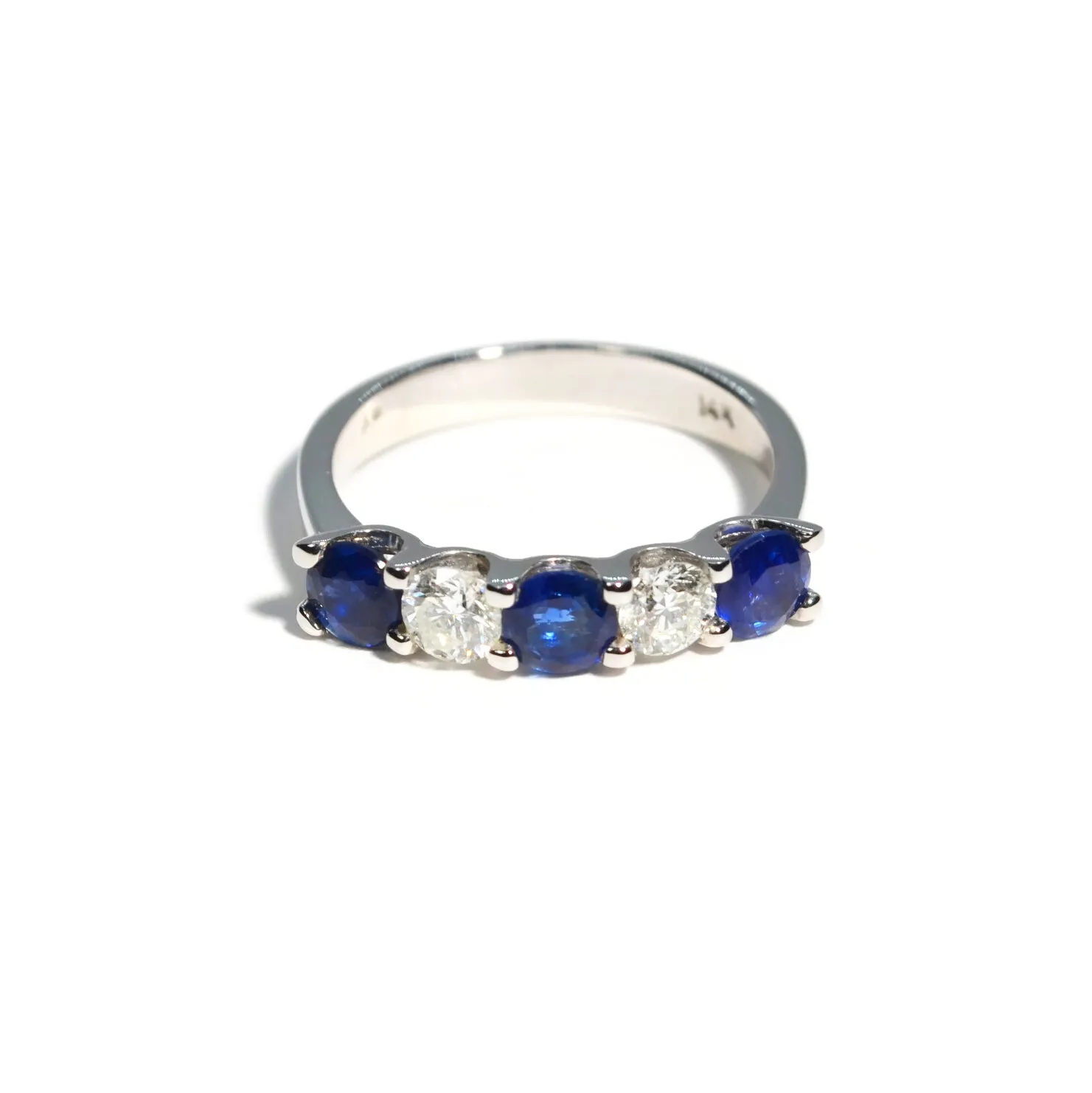 AFJ Gemstone Collection - 5 Stone Ring with Diamonds and Blue Sapphires, White Gold