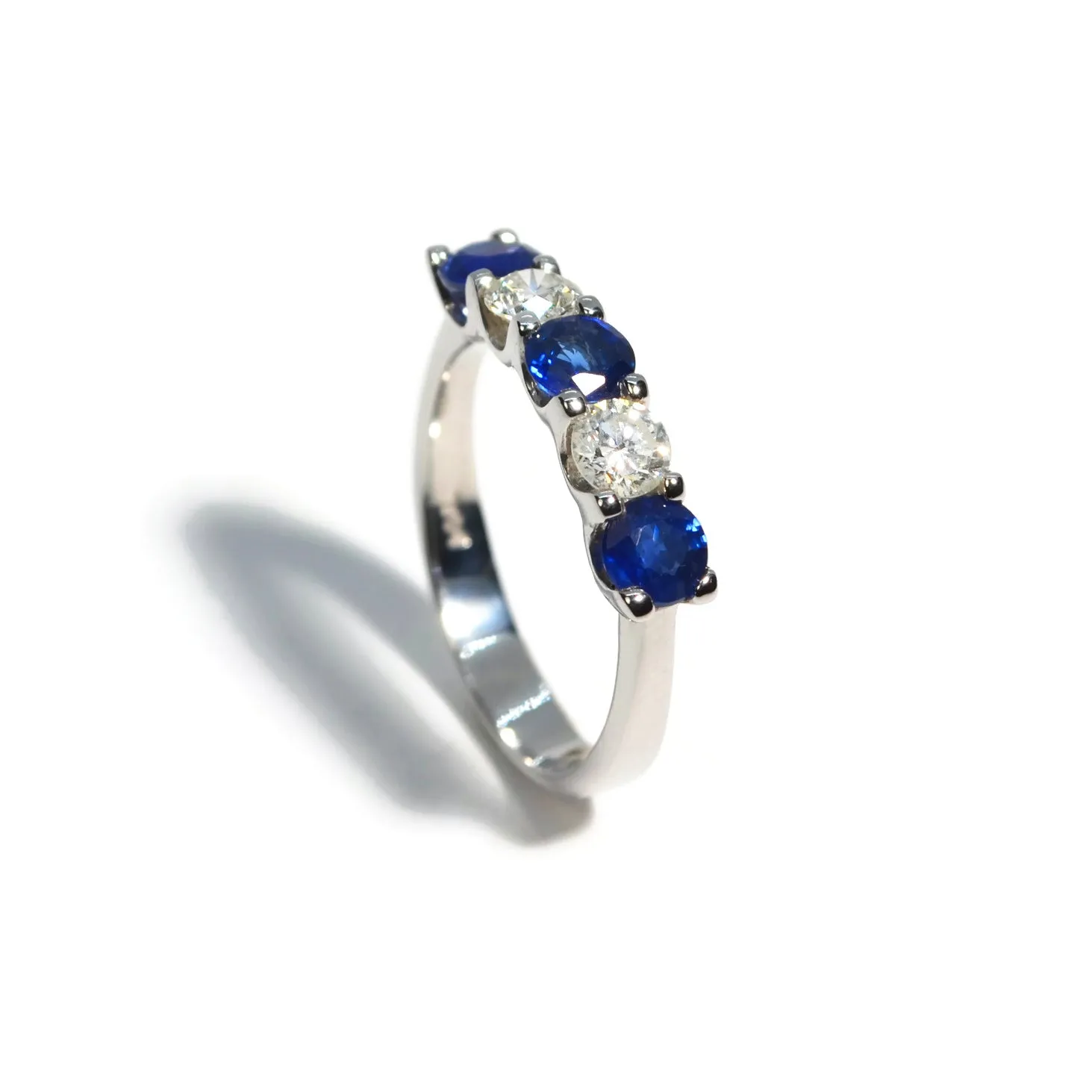 AFJ Gemstone Collection - 5 Stone Ring with Diamonds and Blue Sapphires, White Gold