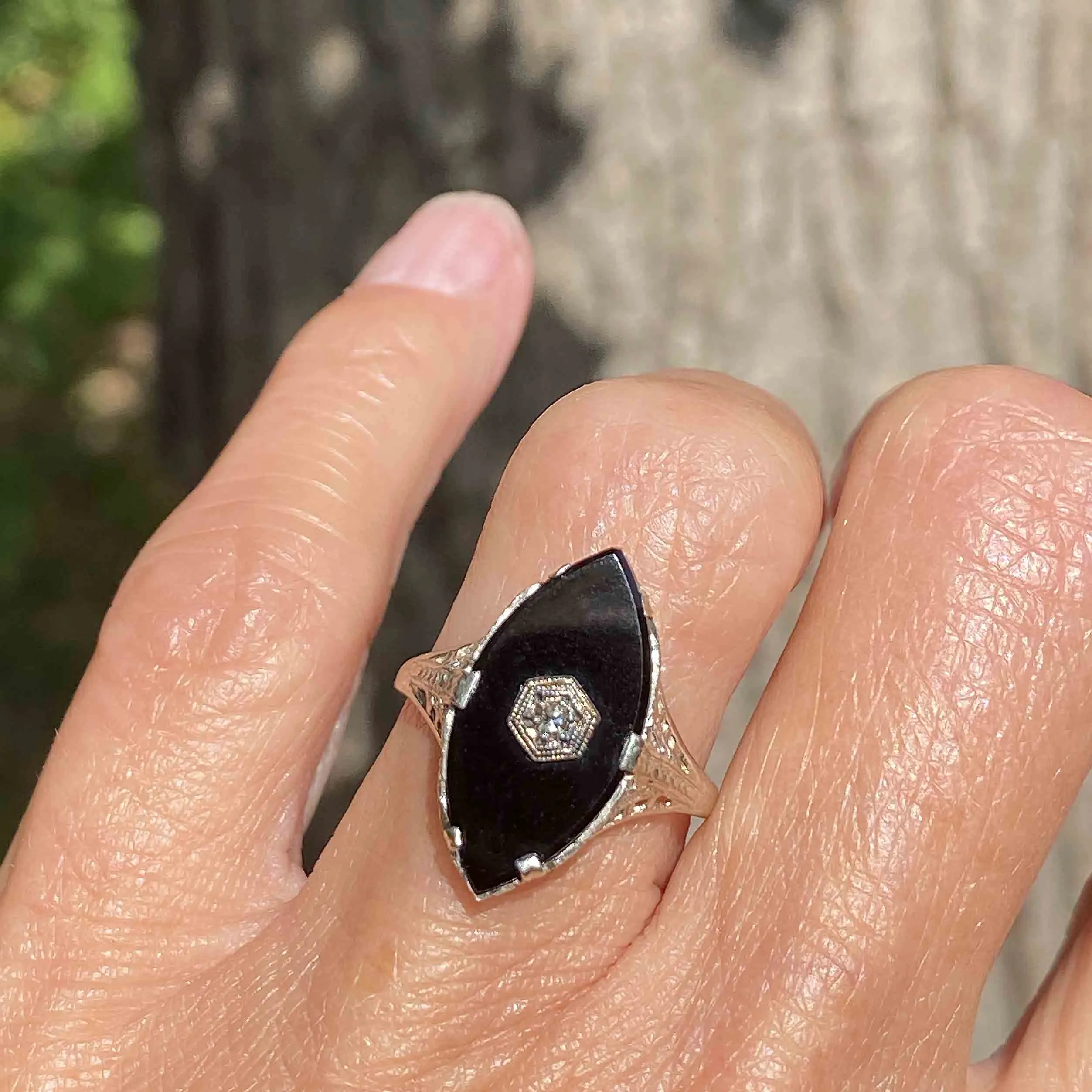 Art Deco Diamond Onyx Ring in 14K White Gold