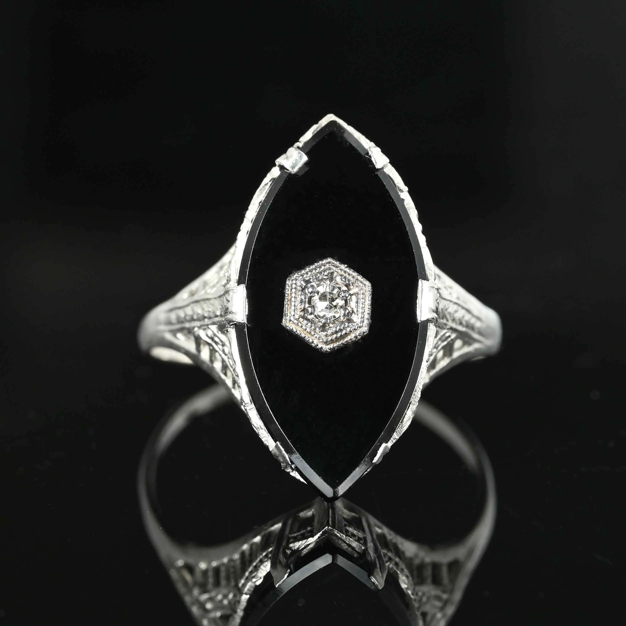 Art Deco Diamond Onyx Ring in 14K White Gold