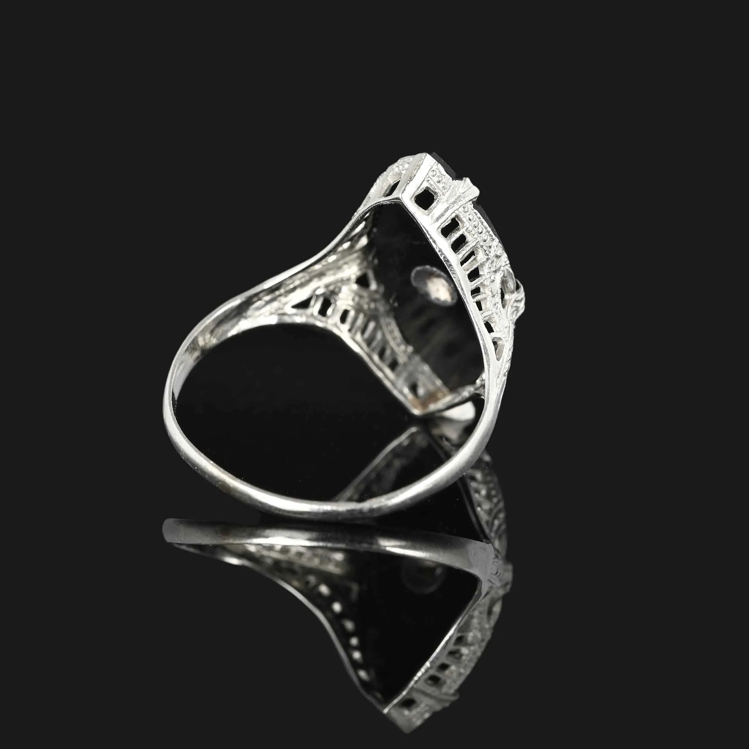 Art Deco Diamond Onyx Ring in 14K White Gold