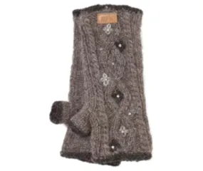 Brown Wool Hand Warmers, Flower Pattern, Taupe fingerless gloves, Fleece Lining