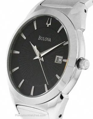 Bulova Mens Dress Watch - Black Sun Ray Dial - Stainless Steel Case and Bracelet