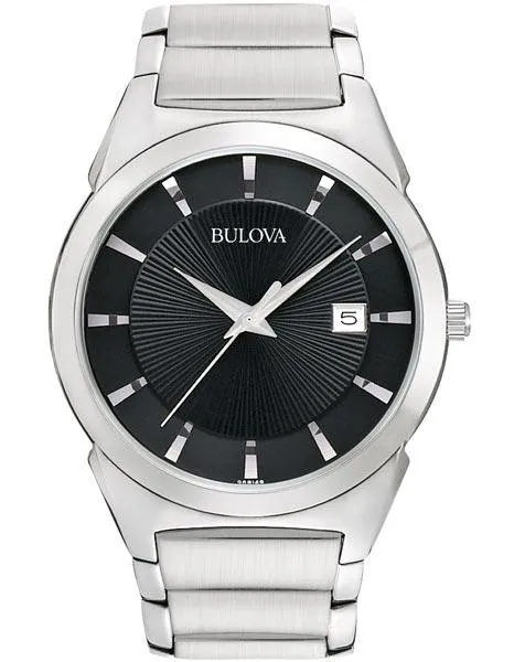 Bulova Mens Dress Watch - Black Sun Ray Dial - Stainless Steel Case and Bracelet