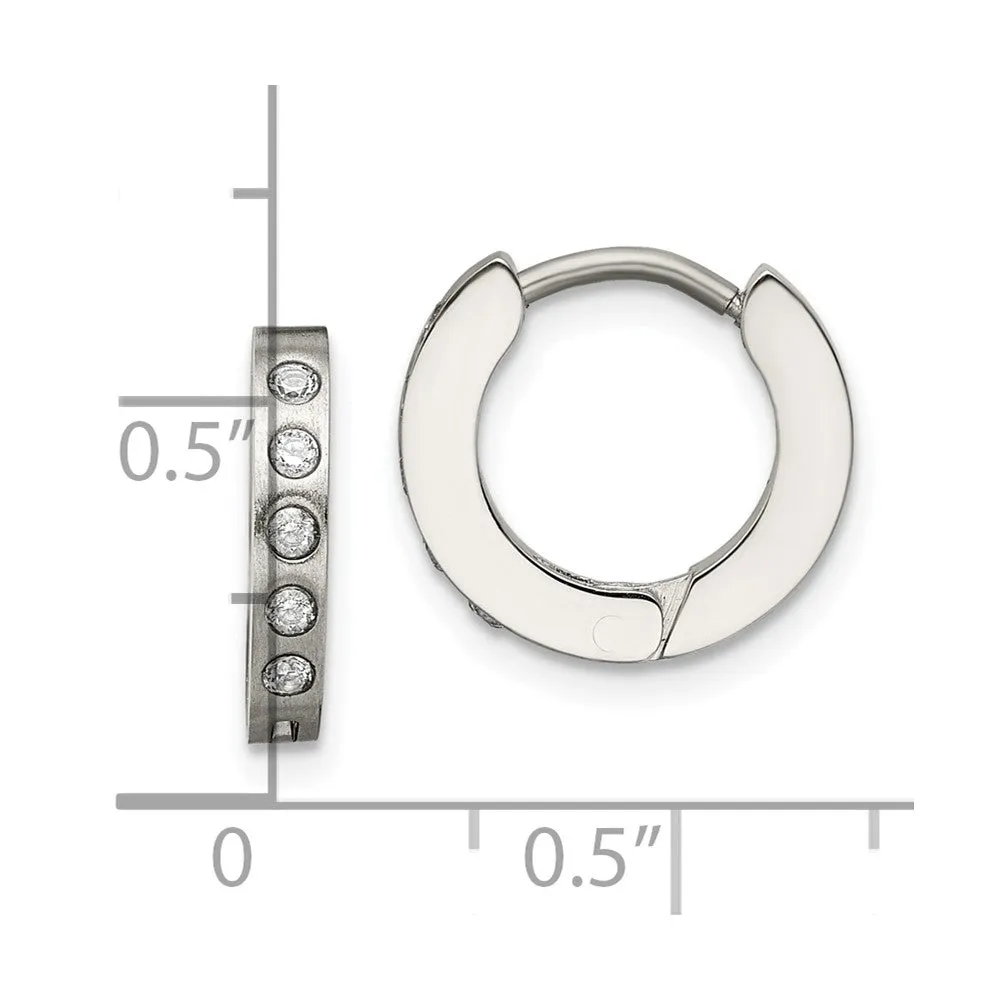 Chisel Stainless Steel Brushed & Polished with CZ 2mm Hinged Hoop Earrings