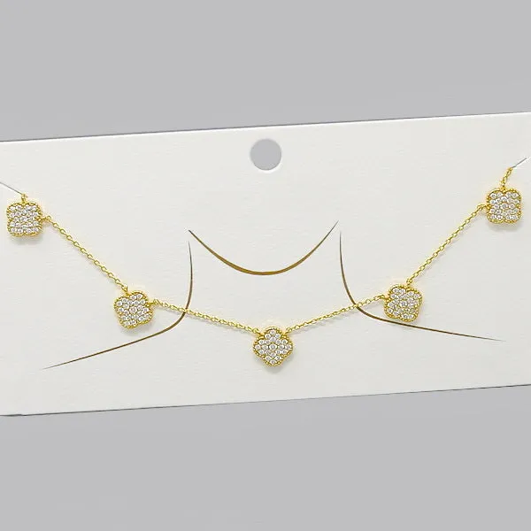 Clover CZ Pave Pendant Station Gold Dipped Necklace