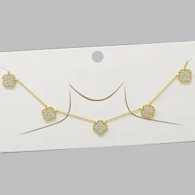 Clover CZ Pave Pendant Station Gold Dipped Necklace