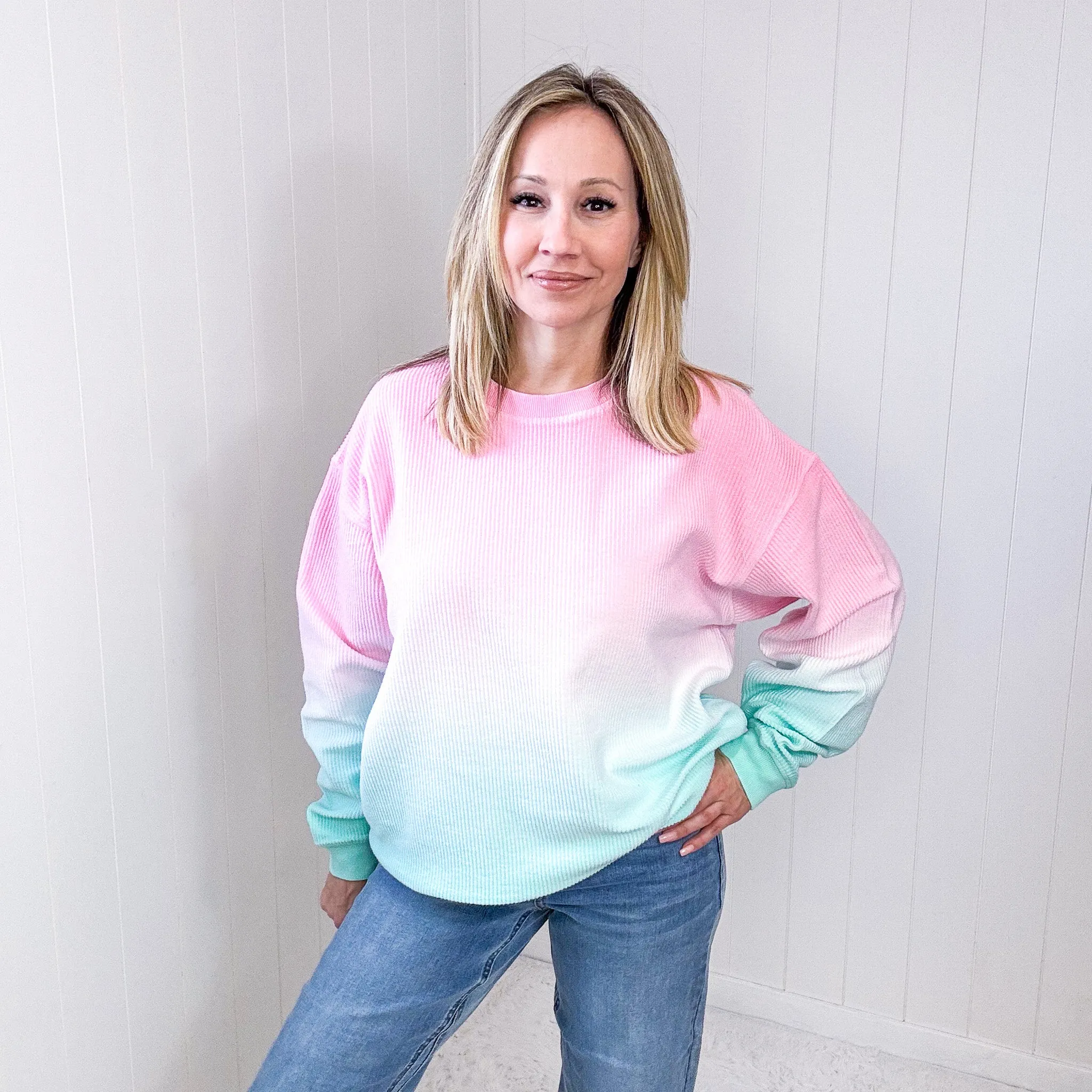 Cotton Candy Pink and Mint Ombre Luxe Soft Corded Pullover