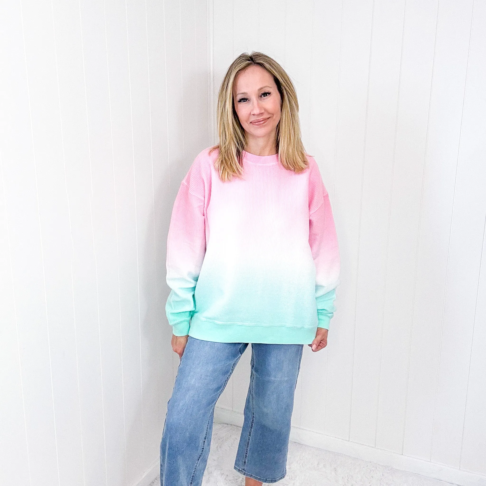 Cotton Candy Pink and Mint Ombre Luxe Soft Corded Pullover