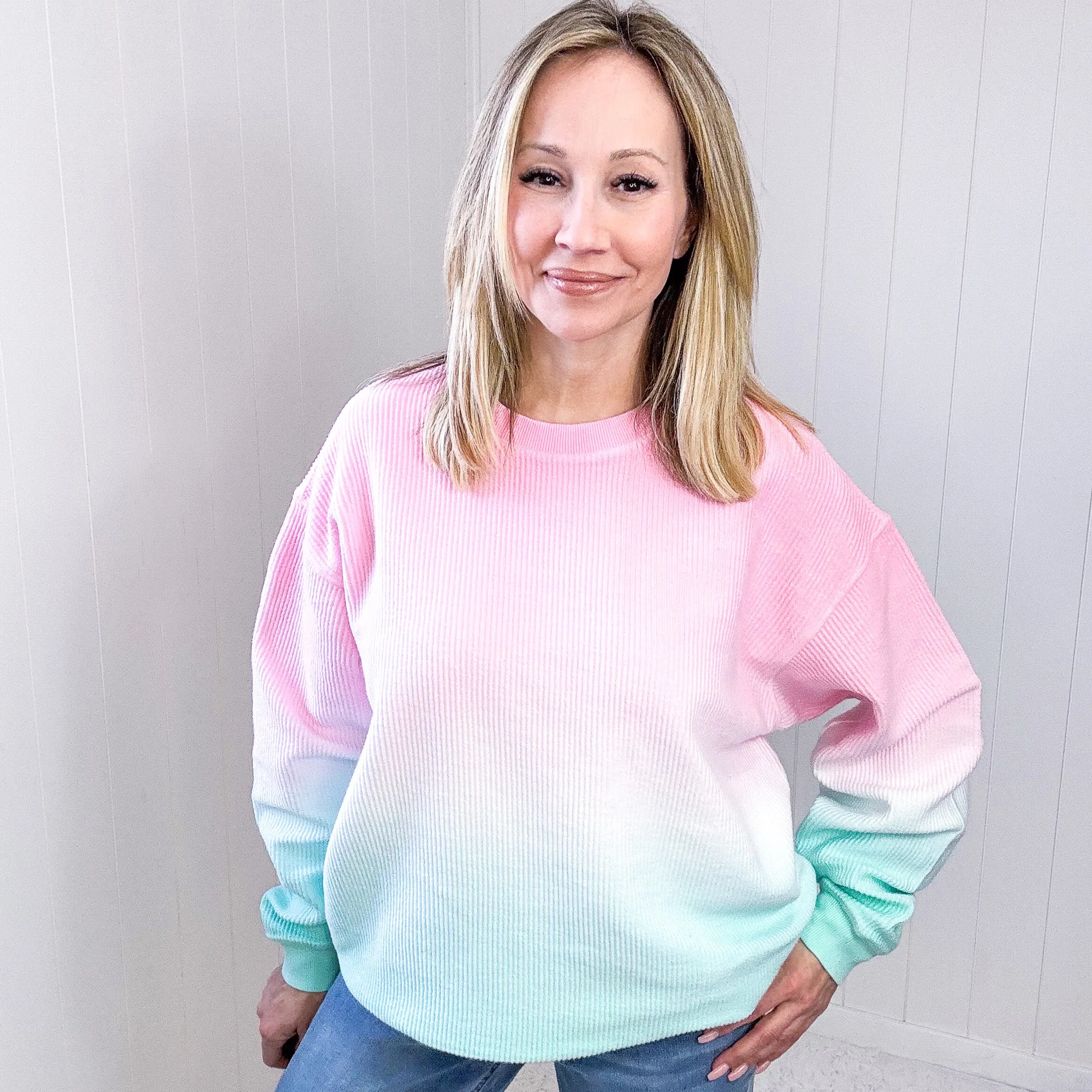 Cotton Candy Pink and Mint Ombre Luxe Soft Corded Pullover