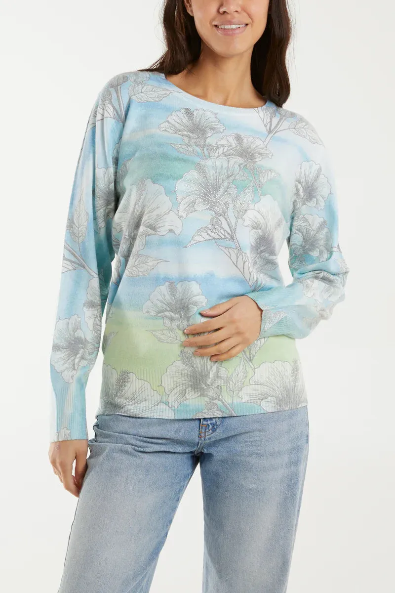 Diamante Flower Landscape Patterned Jumper