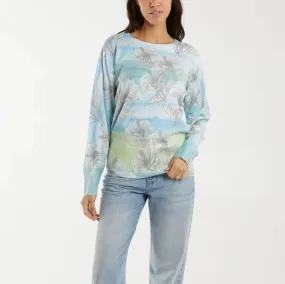 Diamante Flower Landscape Patterned Jumper