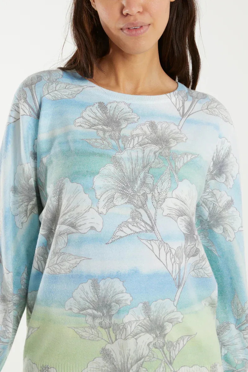 Diamante Flower Landscape Patterned Jumper