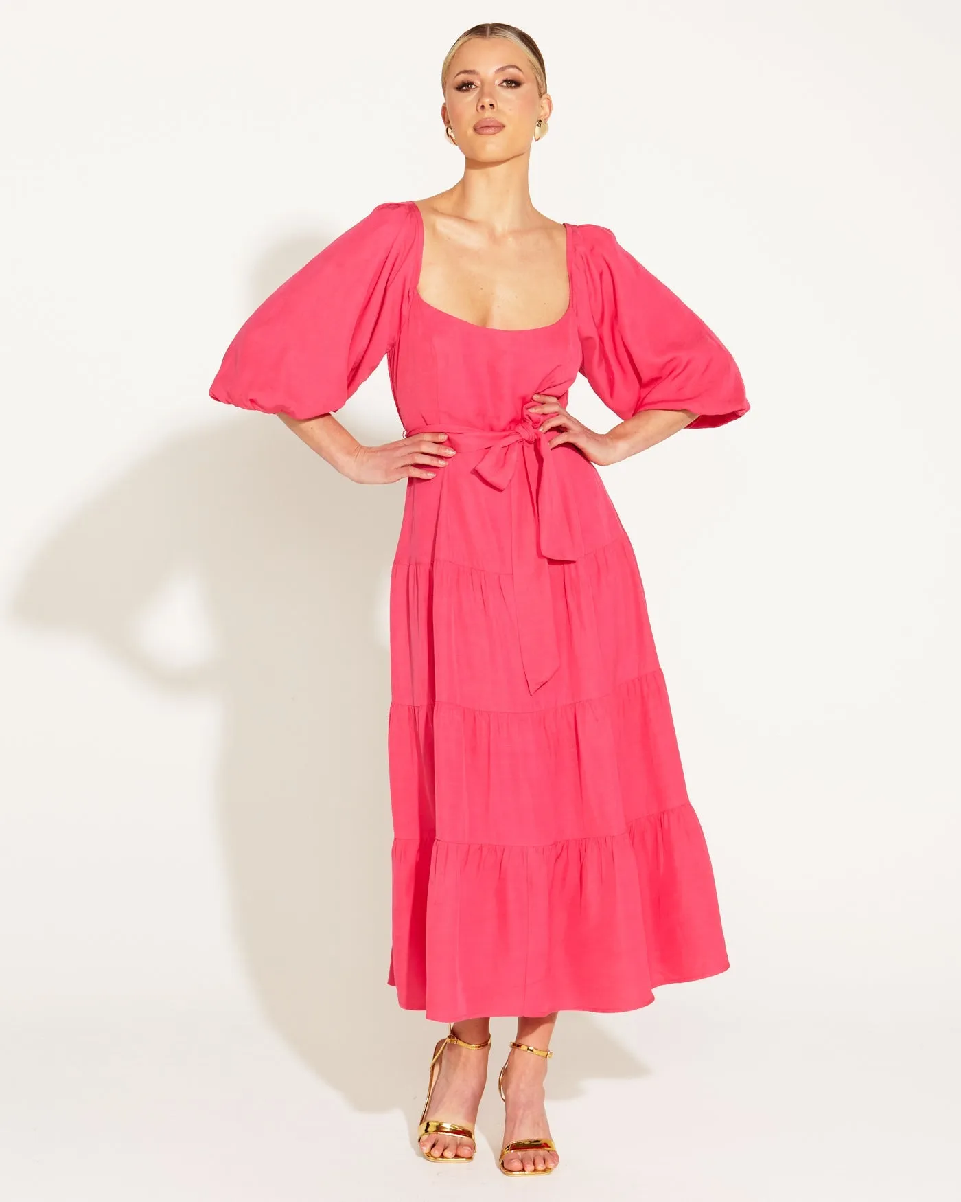 Fate   Becker One and Only Tiered Midi Dress - Hot Pink