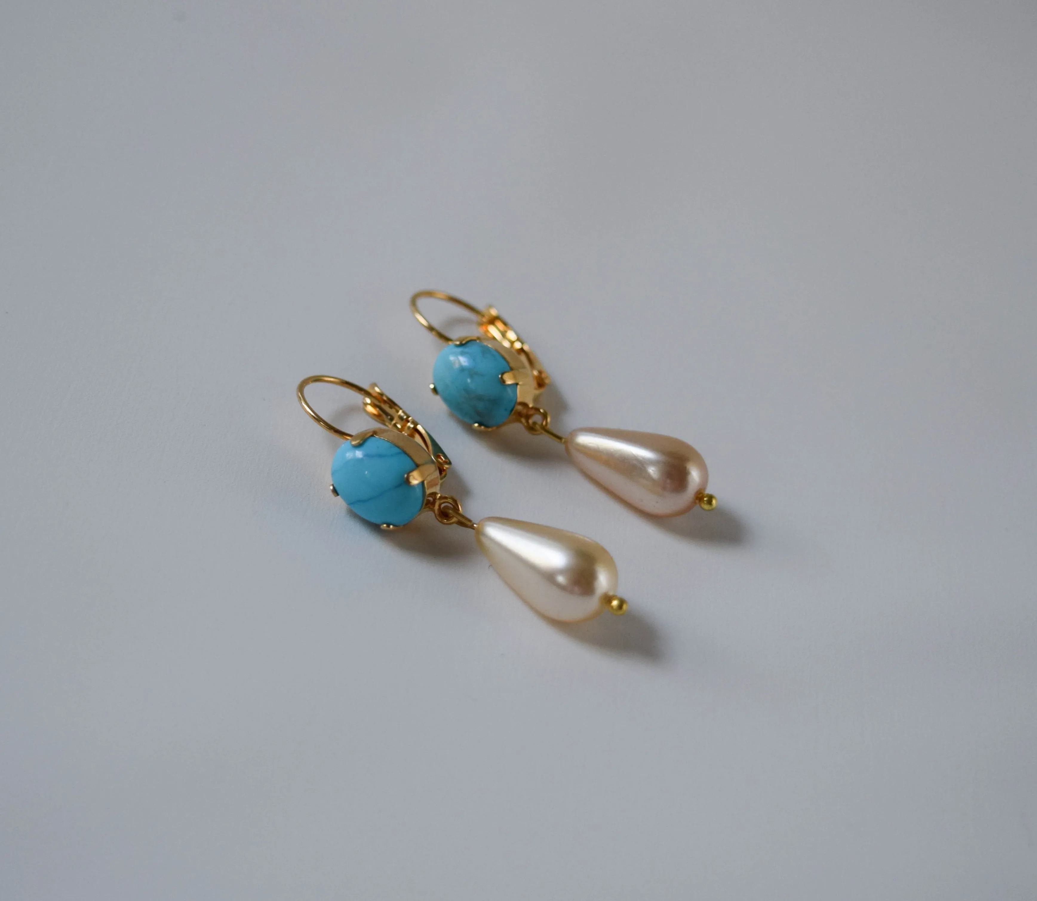 Faux Turquoise and Pearl Dangles - Small Oval