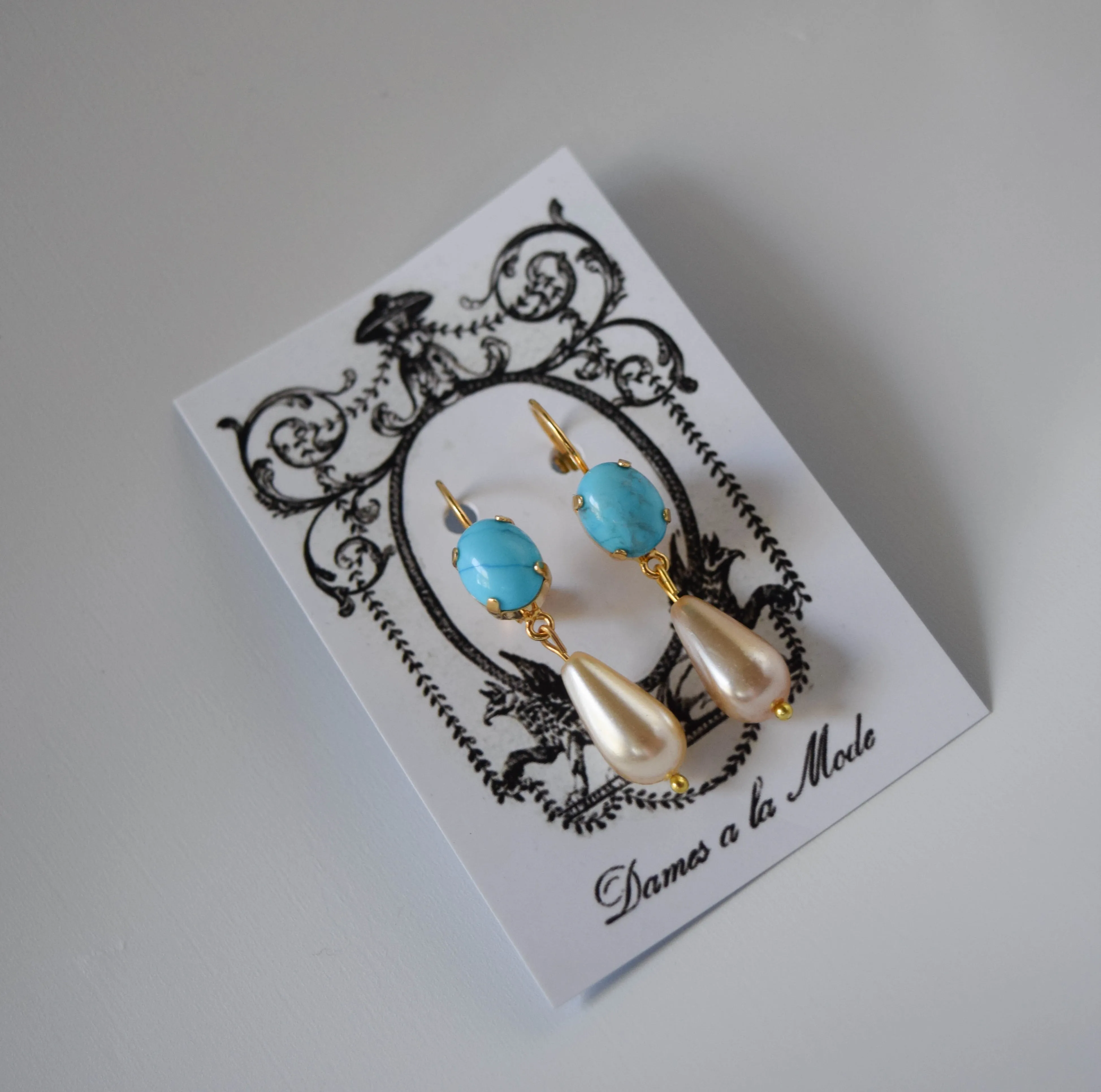 Faux Turquoise and Pearl Dangles - Small Oval