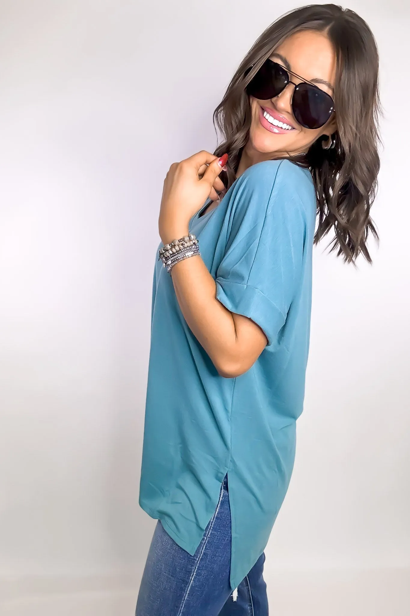 Favorite Memories Dusty Teal Short Sleeve Side Slit Top