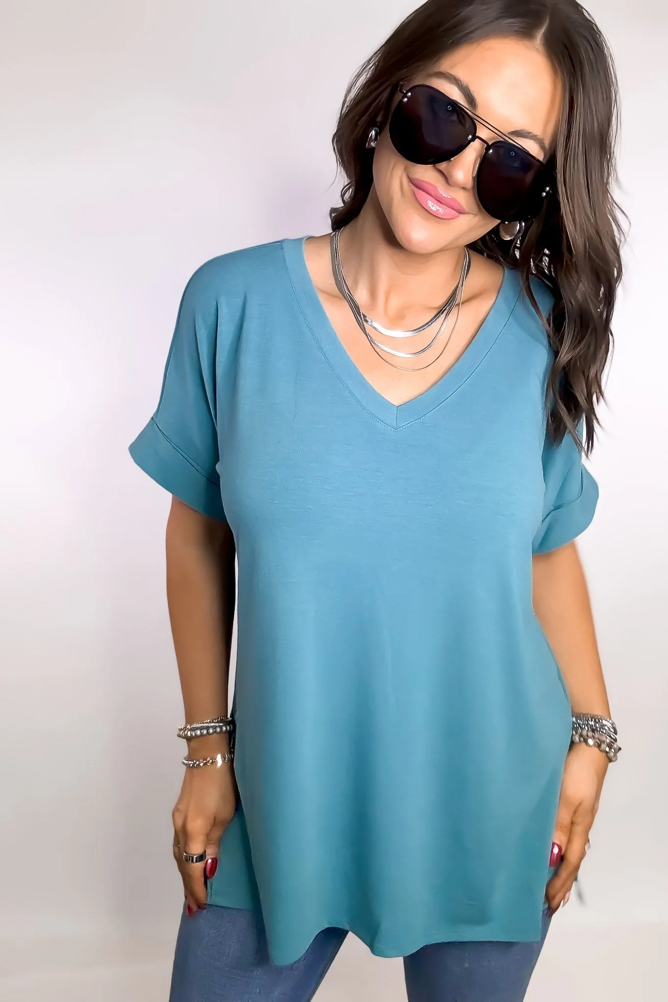 Favorite Memories Dusty Teal Short Sleeve Side Slit Top