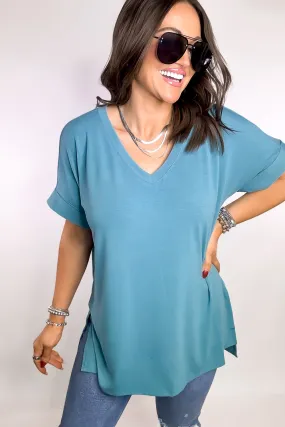 Favorite Memories Dusty Teal Short Sleeve Side Slit Top