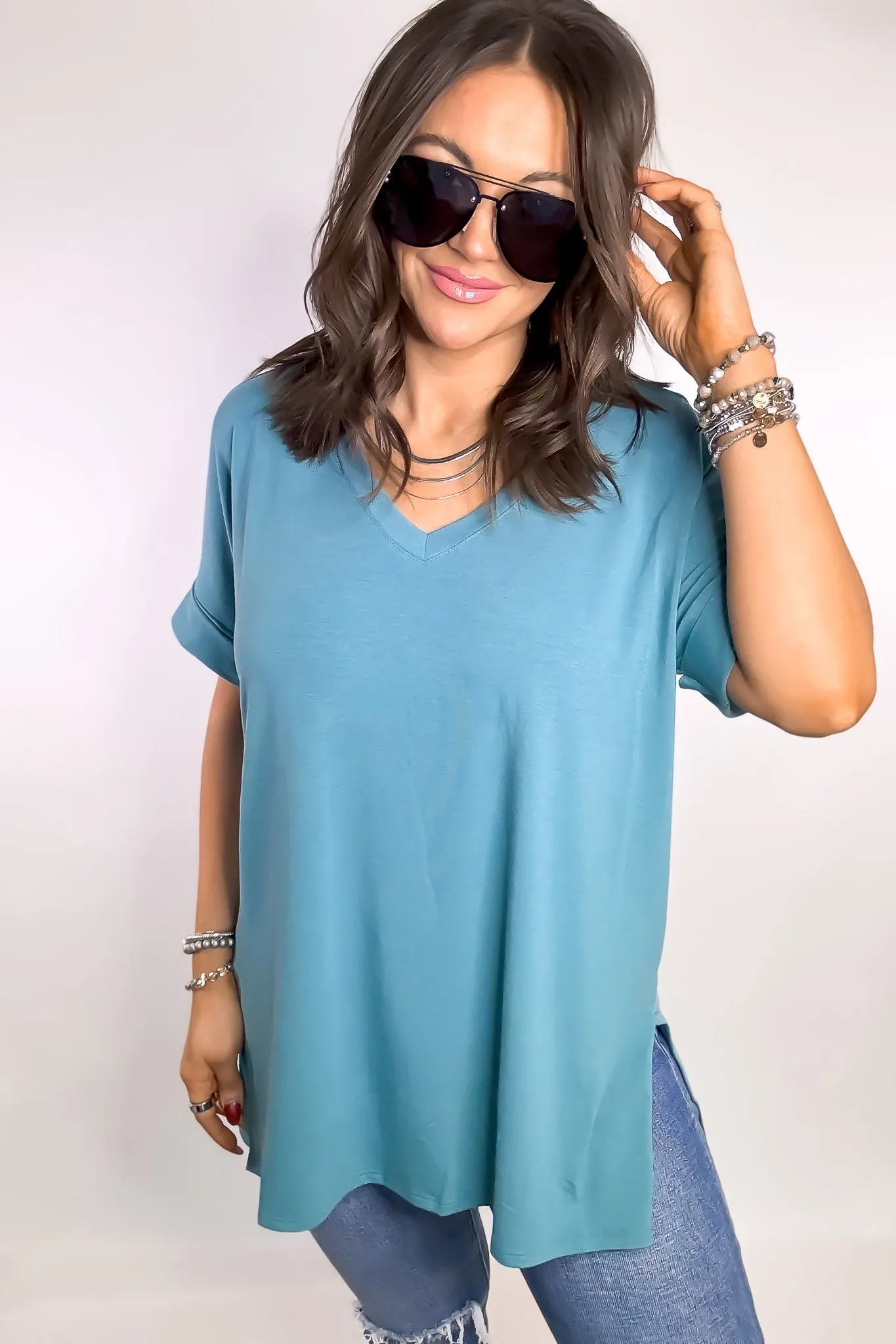 Favorite Memories Dusty Teal Short Sleeve Side Slit Top