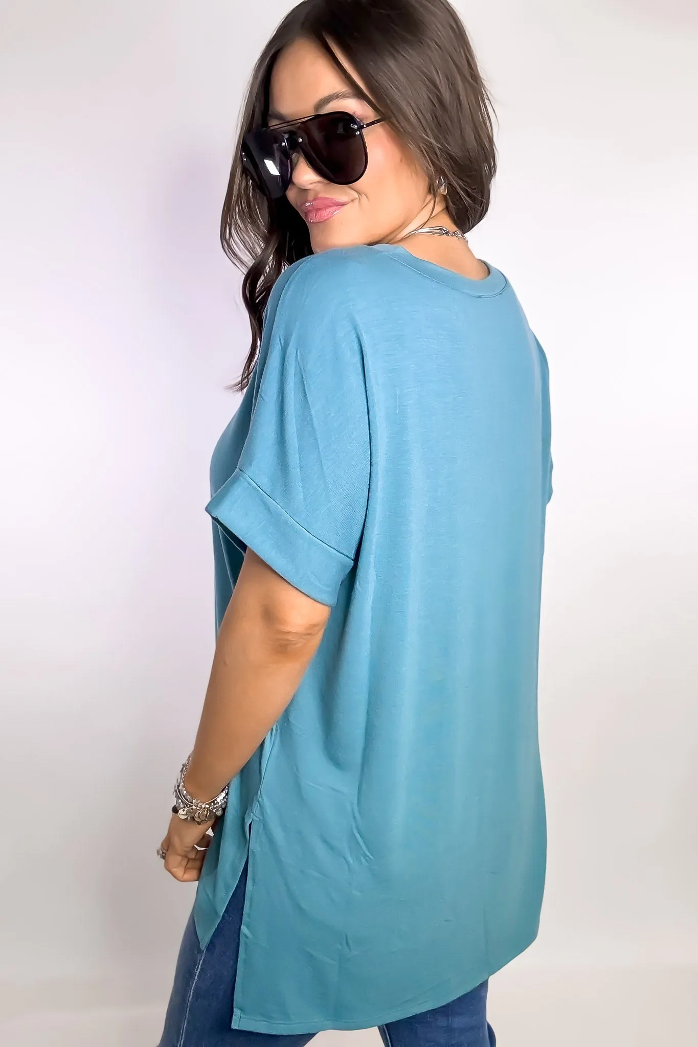 Favorite Memories Dusty Teal Short Sleeve Side Slit Top