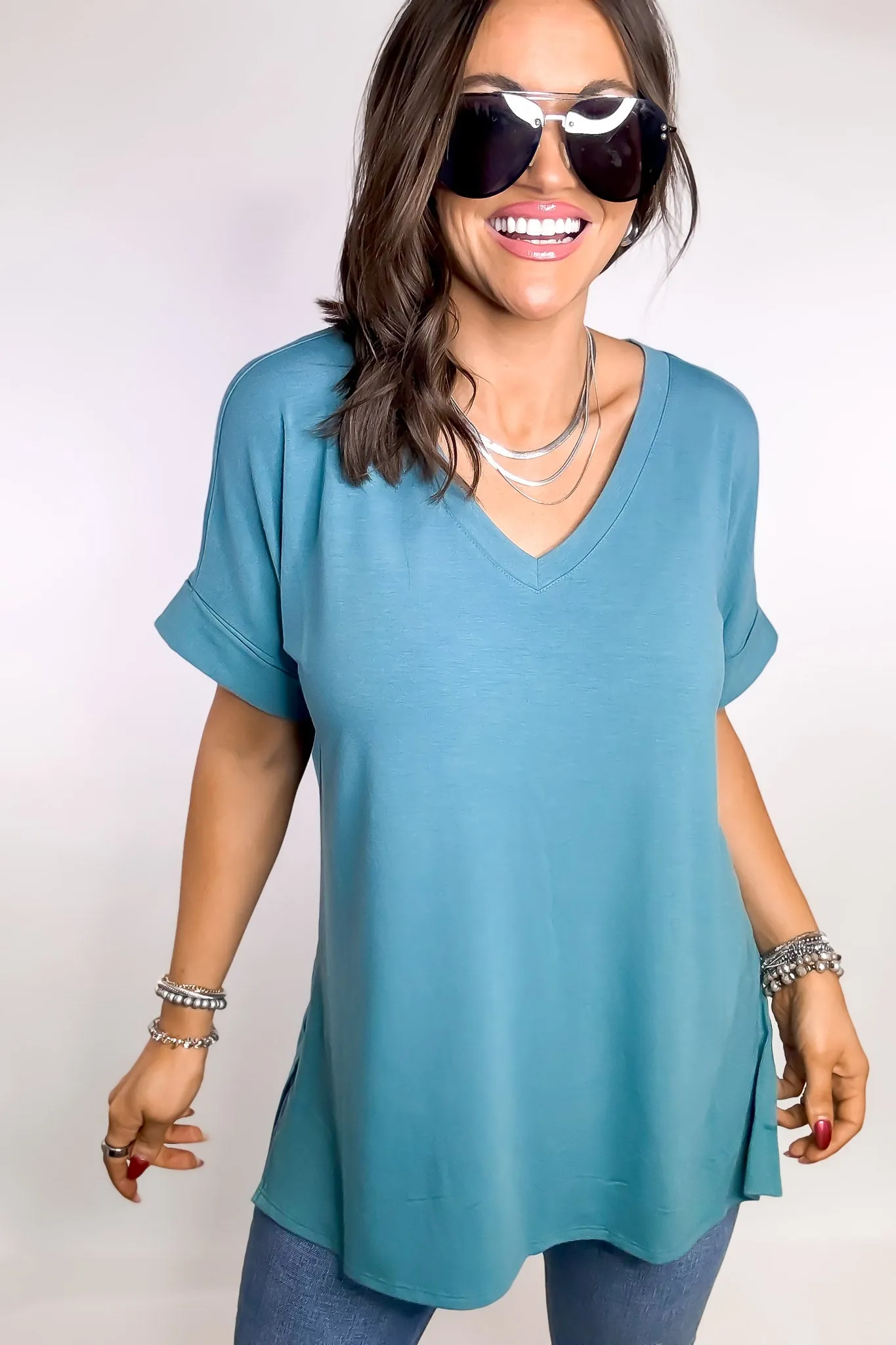 Favorite Memories Dusty Teal Short Sleeve Side Slit Top