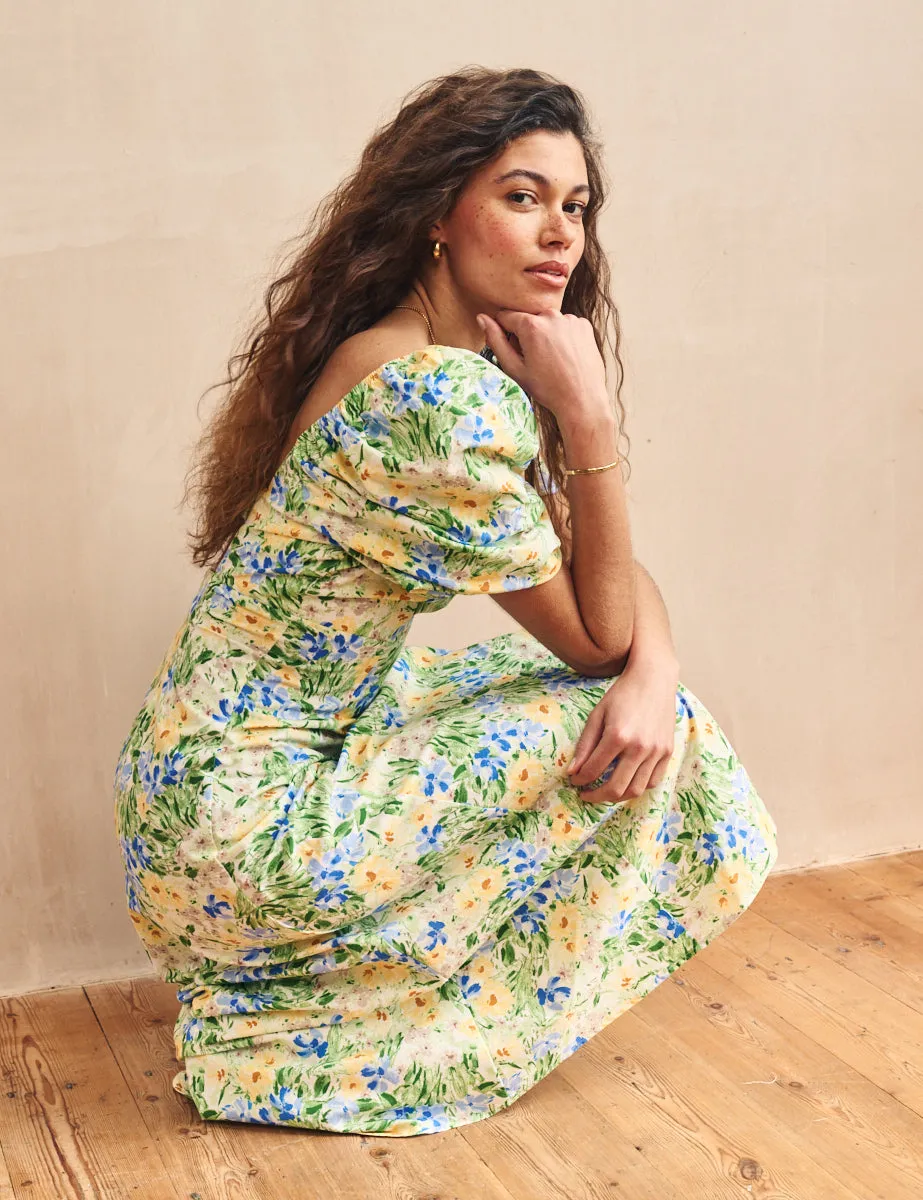 Green Flower Print Henri Midi Dress