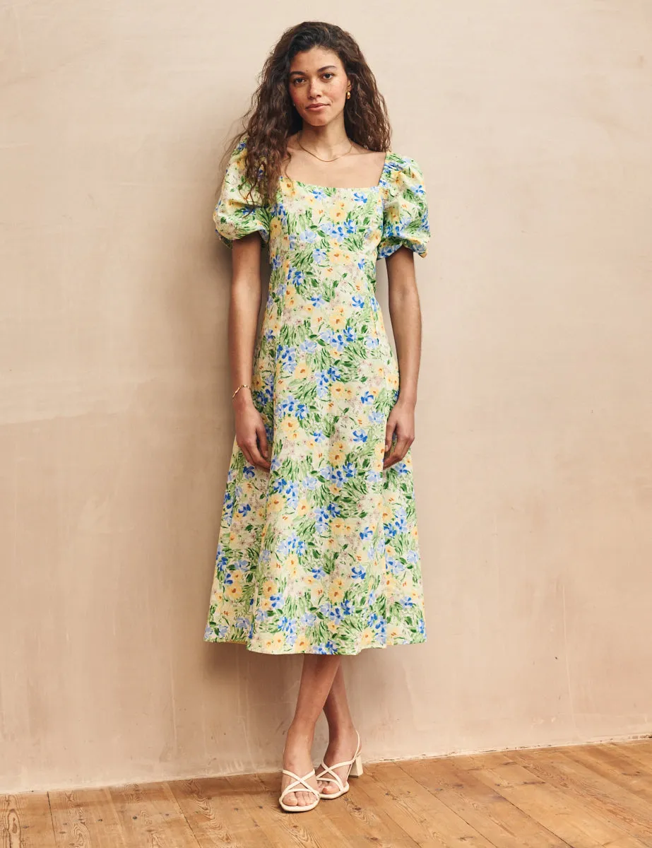 Green Flower Print Henri Midi Dress