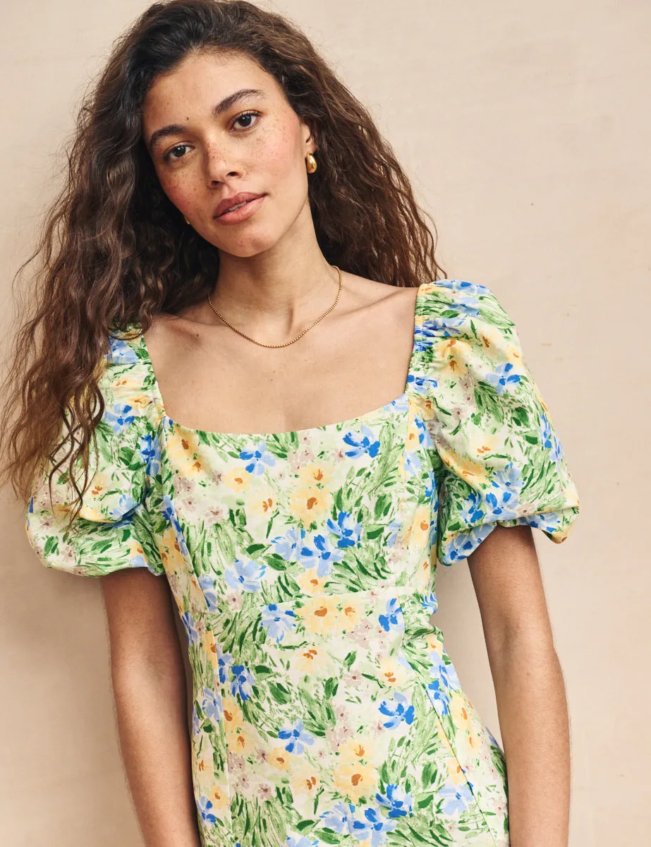 Green Flower Print Henri Midi Dress