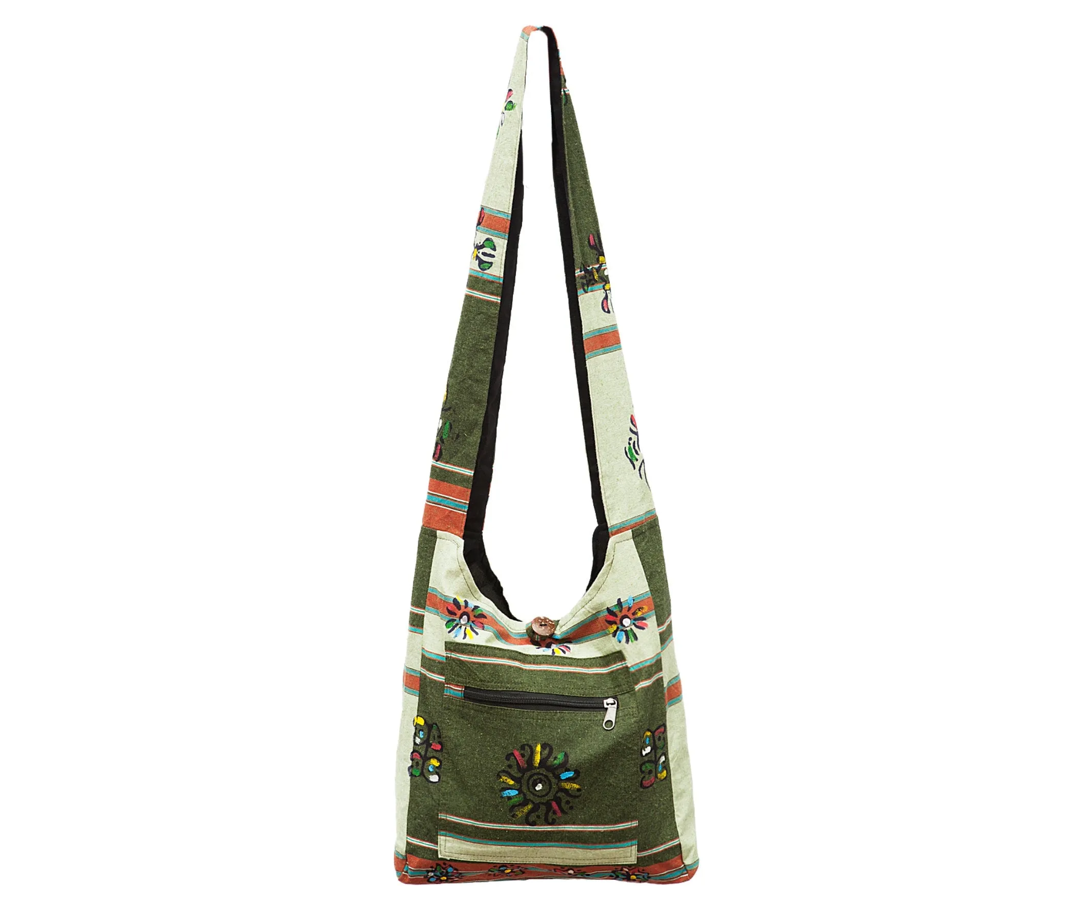 Hippy Flower Shoulder Bag, Sage Green Tote Bag, 100% Cotton, Funky Design