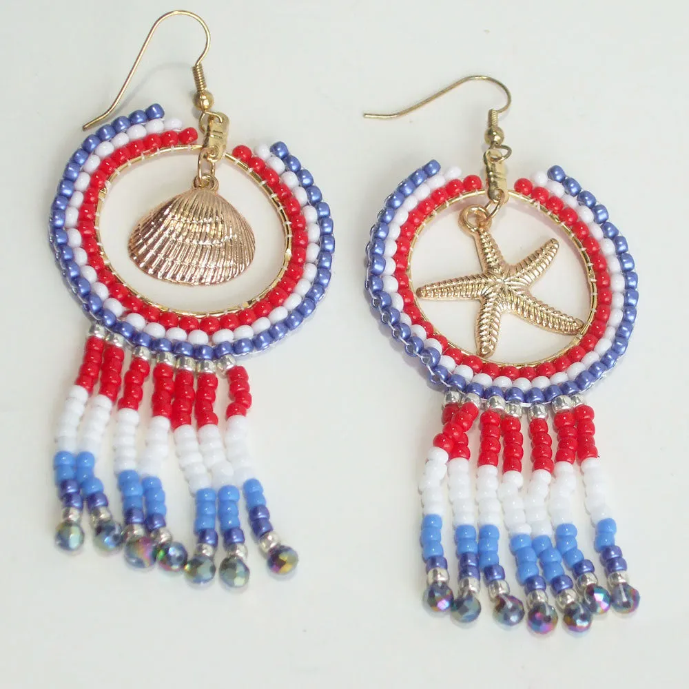 Kaitlan, Red White Blue Hoop Fringe Earrings