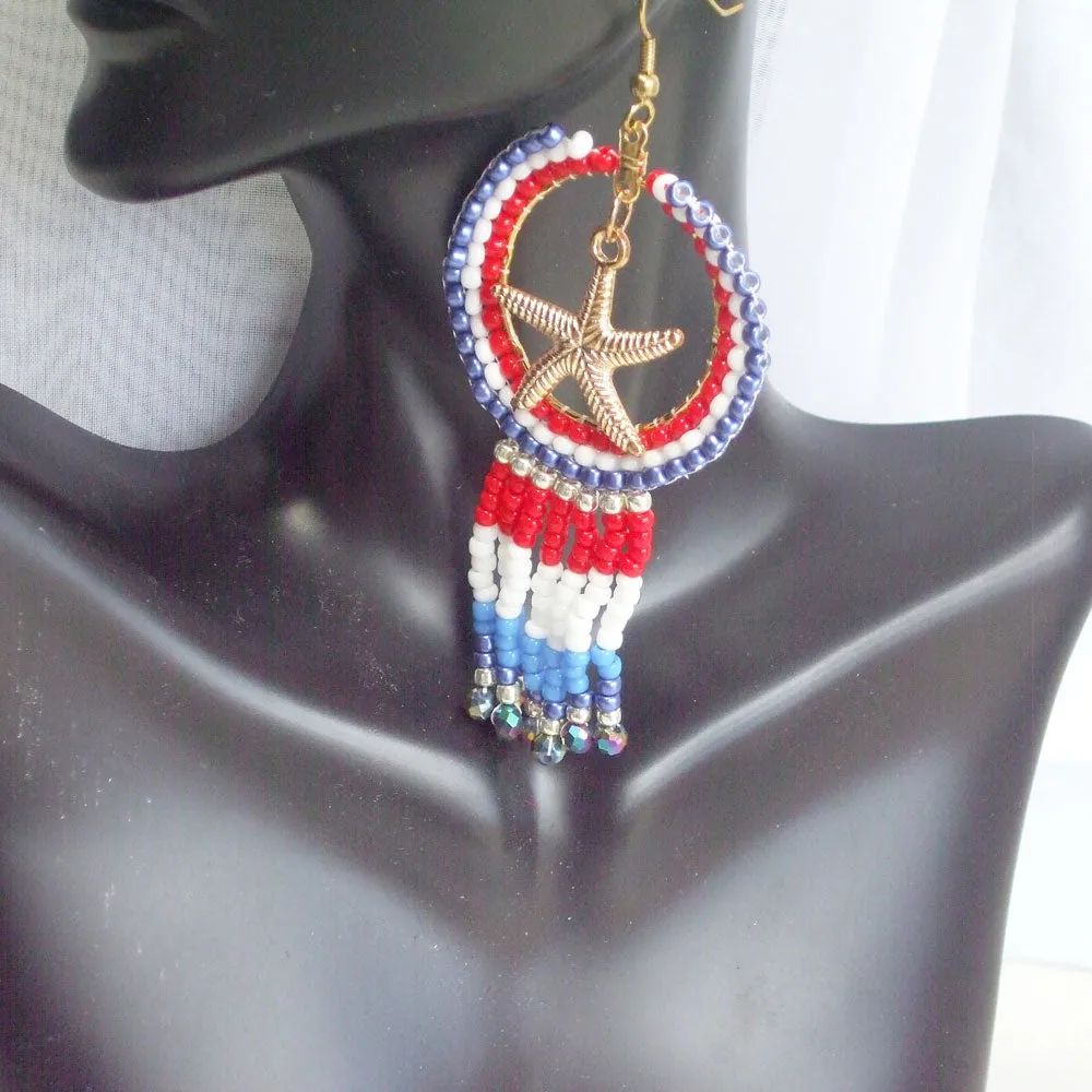 Kaitlan, Red White Blue Hoop Fringe Earrings