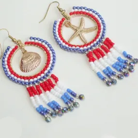 Kaitlan, Red White Blue Hoop Fringe Earrings