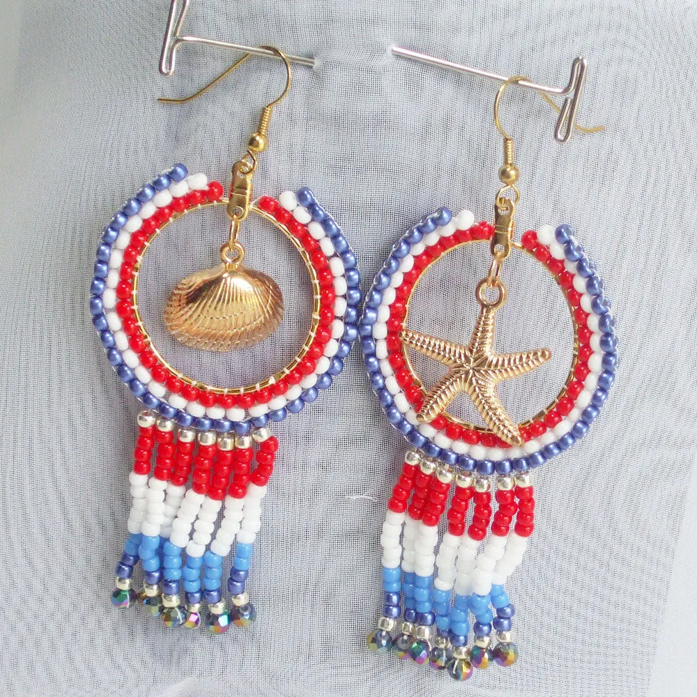 Kaitlan, Red White Blue Hoop Fringe Earrings