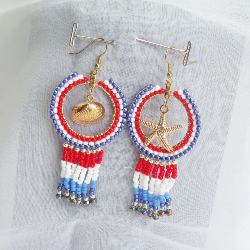 Kaitlan, Red White Blue Hoop Fringe Earrings