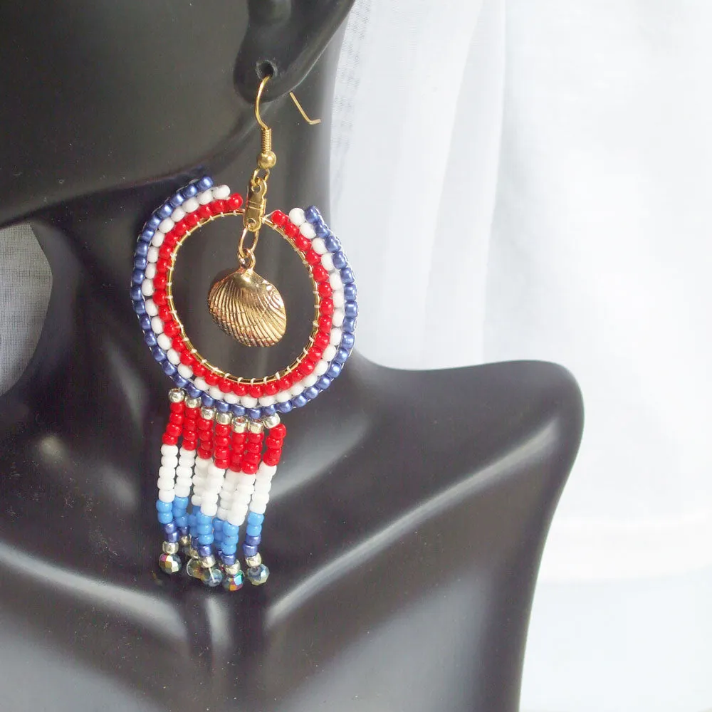 Kaitlan, Red White Blue Hoop Fringe Earrings