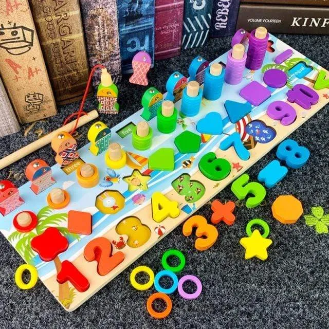 Kids Montessori Educational Wooden Math Toys Children Busy Board Count Shape Colors Match Fishing Puzzle Learning Toys Gifts