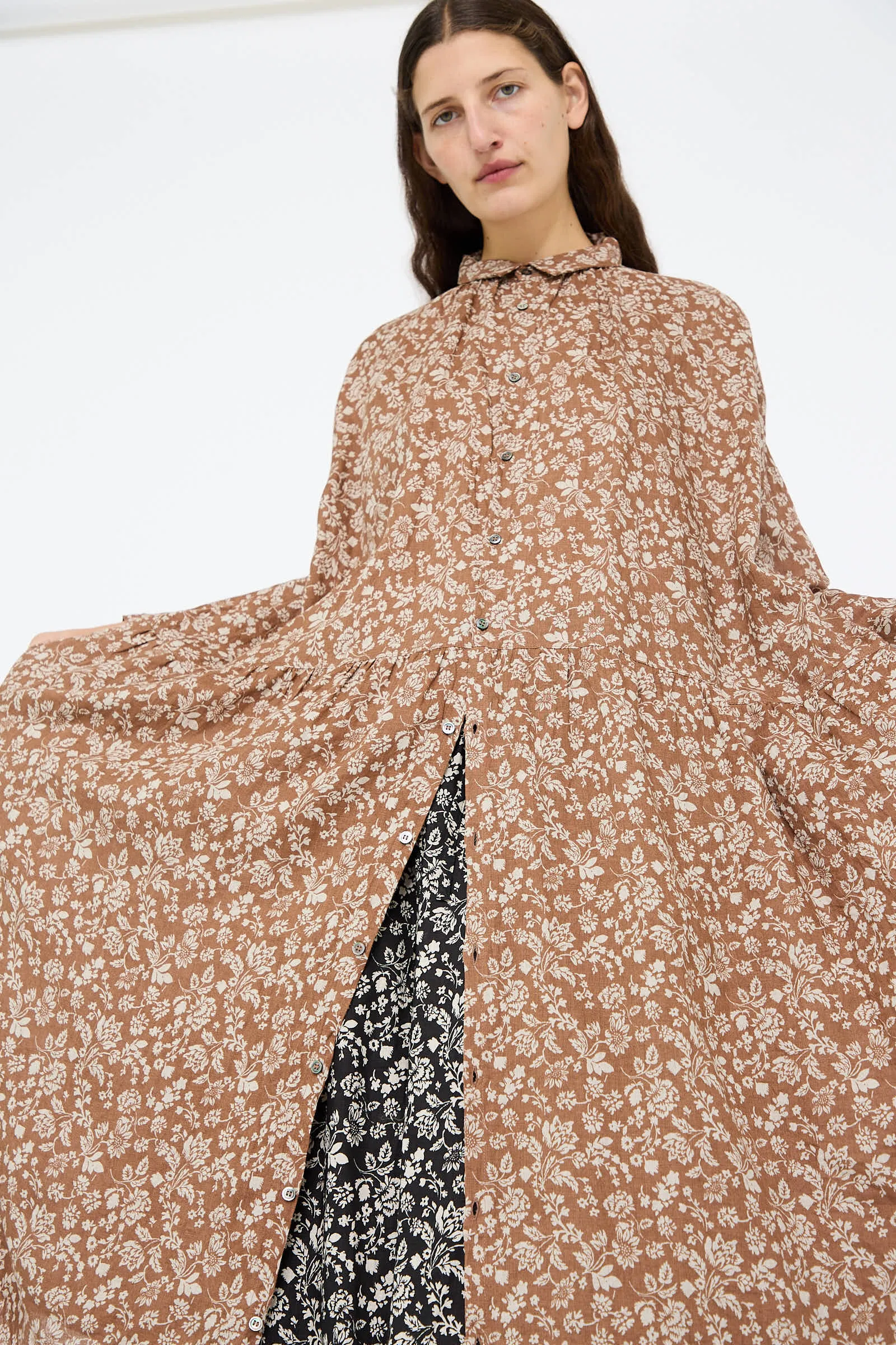 Linen Flower Print Dress in Brown