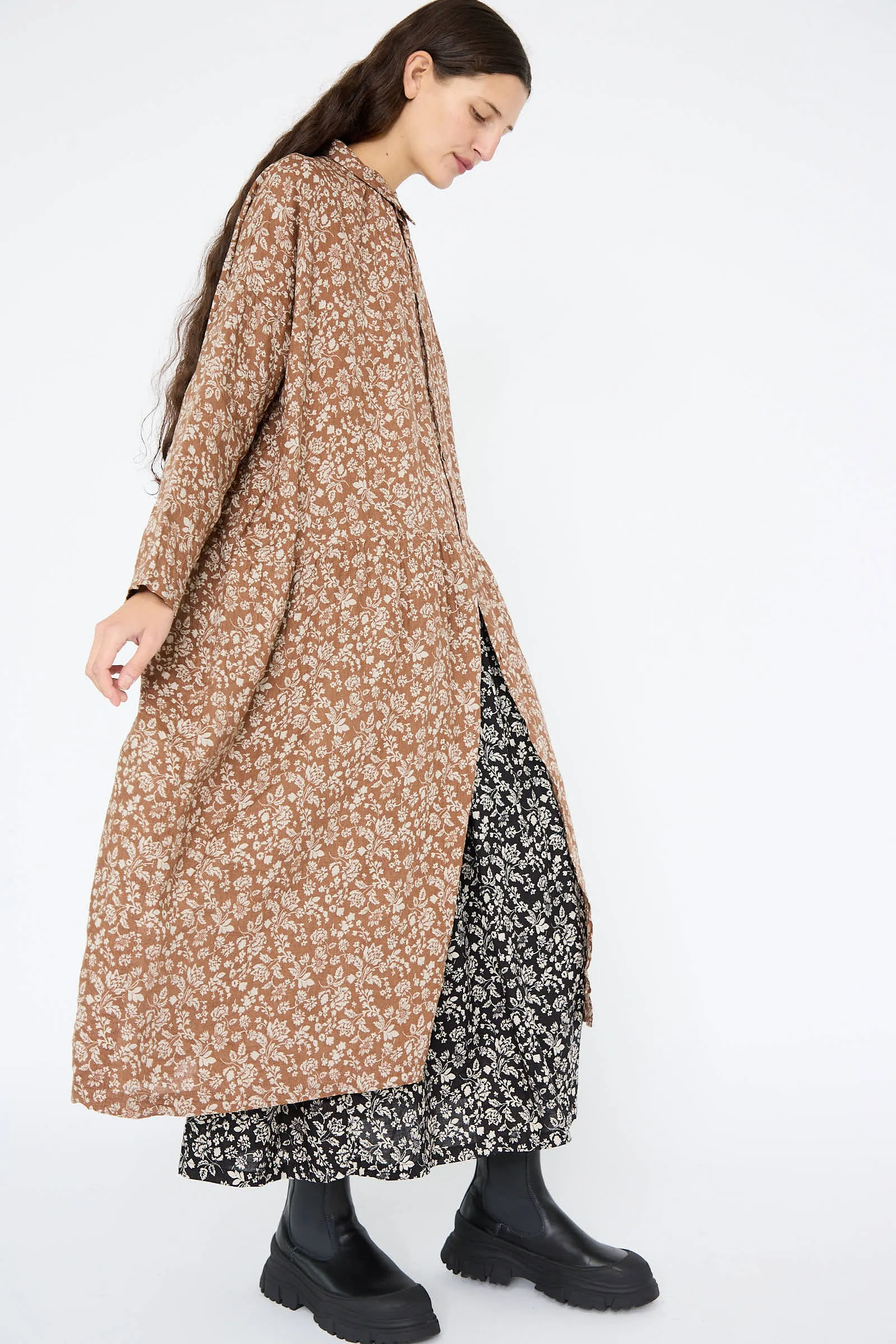 Linen Flower Print Dress in Brown