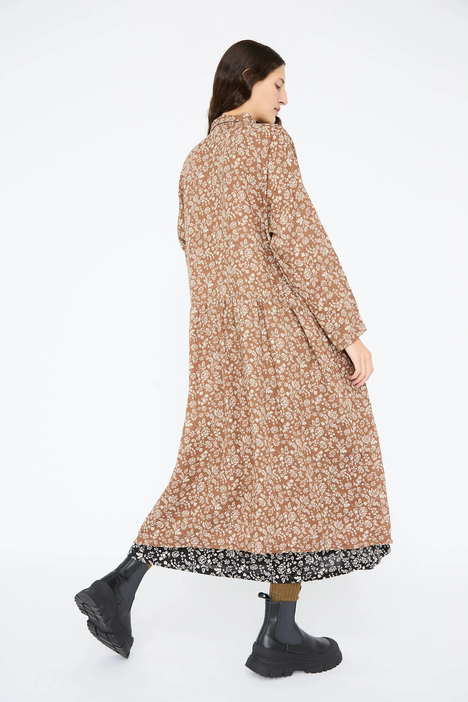 Linen Flower Print Dress in Brown