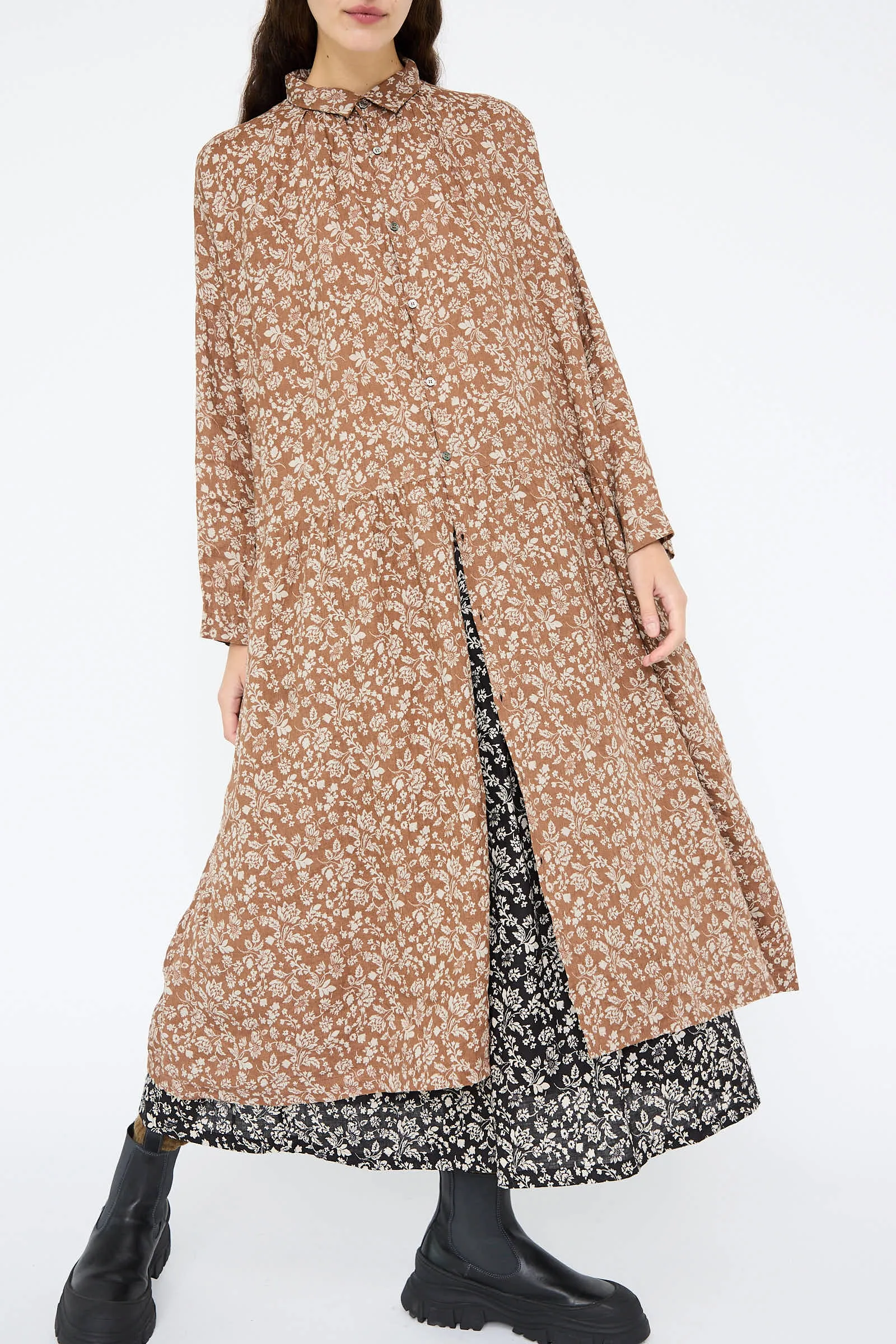 Linen Flower Print Dress in Brown