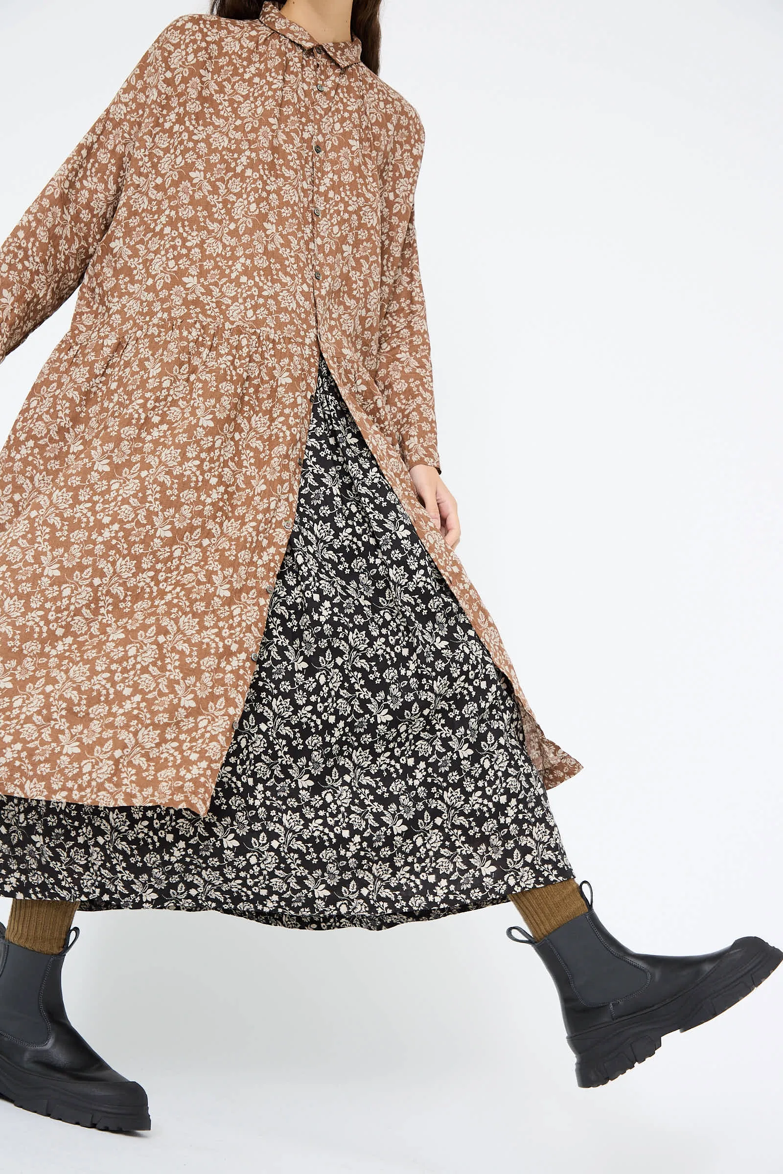 Linen Flower Print Dress in Brown