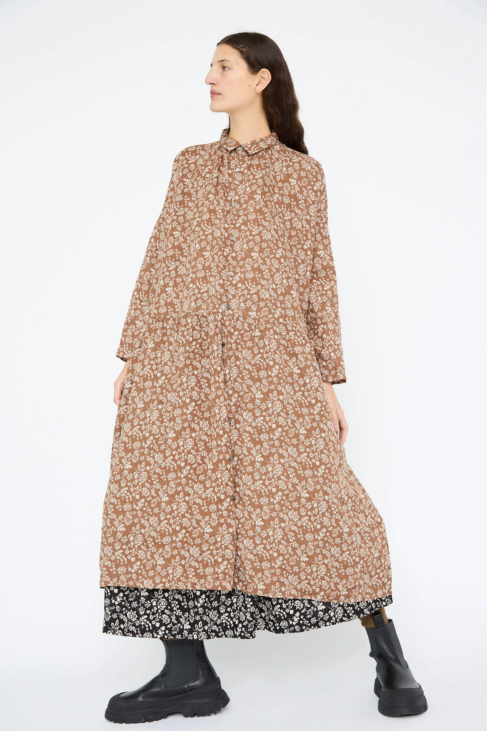 Linen Flower Print Dress in Brown