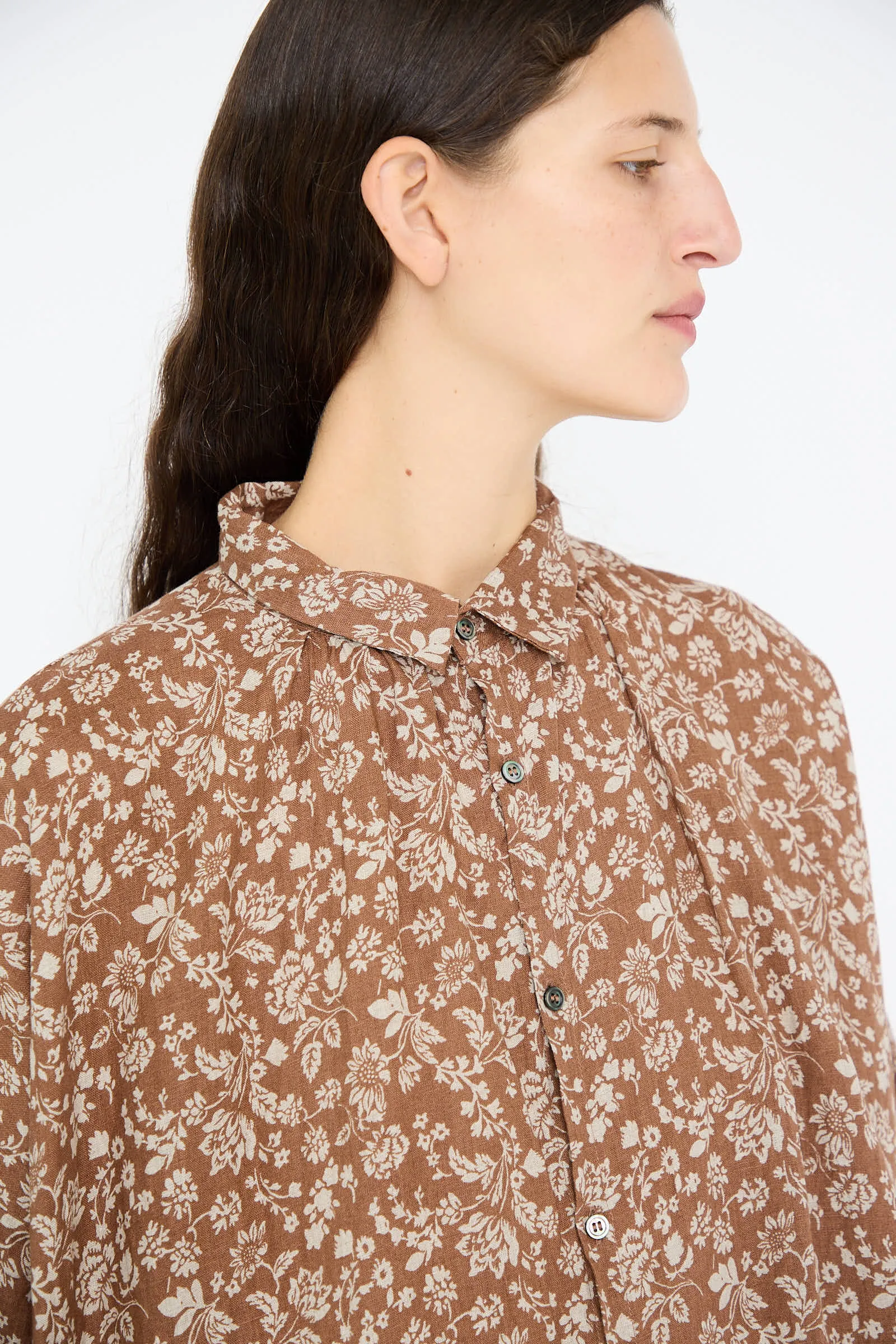 Linen Flower Print Dress in Brown