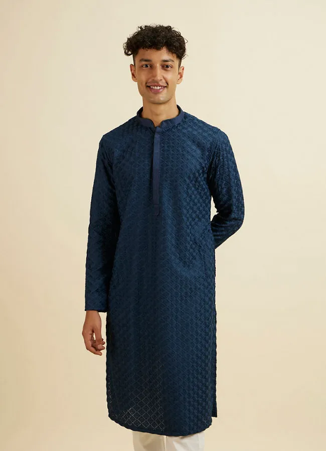 Manyawar Dark Blue Chikankari Printed Kurta Set