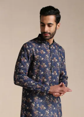 Manyawar Dazzling Blue Floral Print Kurta