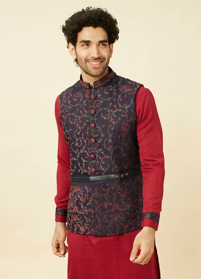 Manyawar Deep Blue-Aurora Red Bel Buti Patterned Kurta Jacket Set