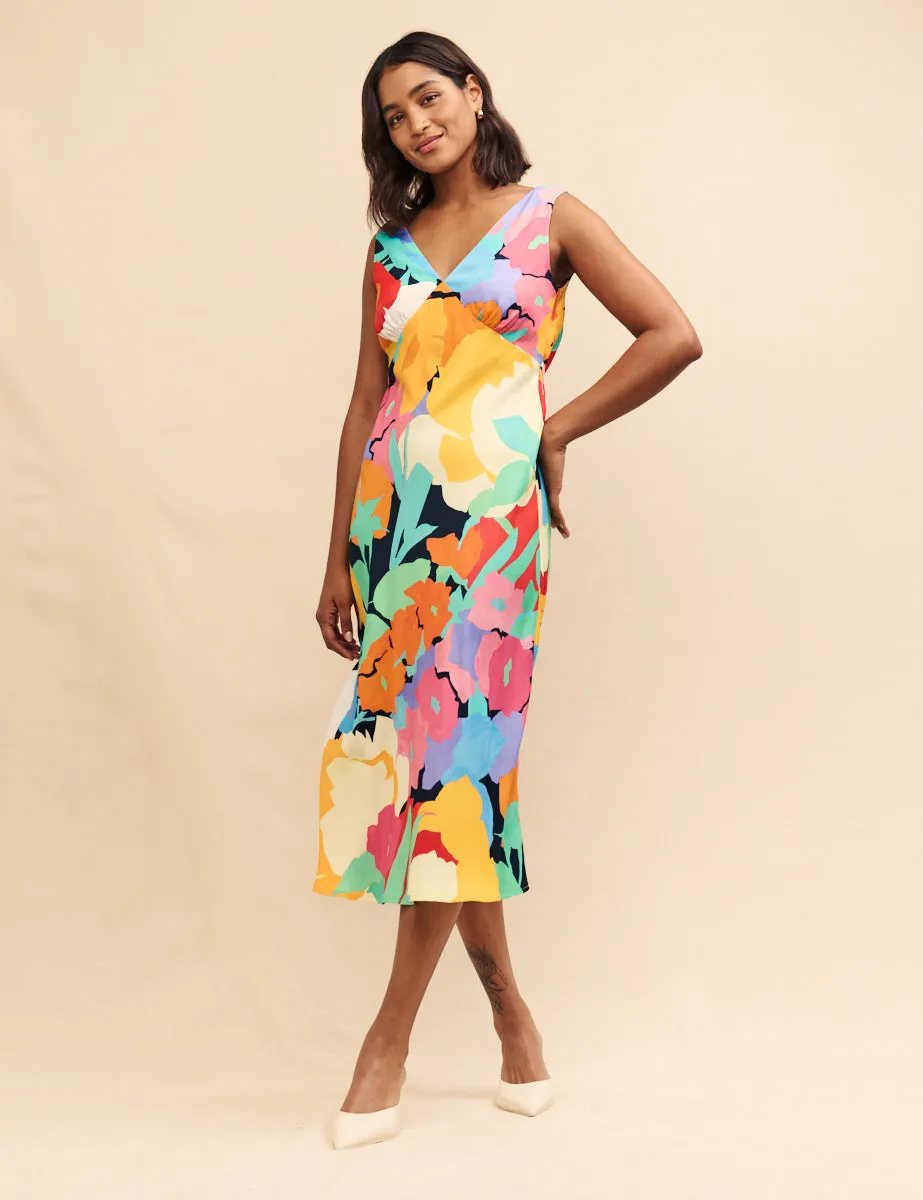 Multi Flower Printed Helena Midi Dress